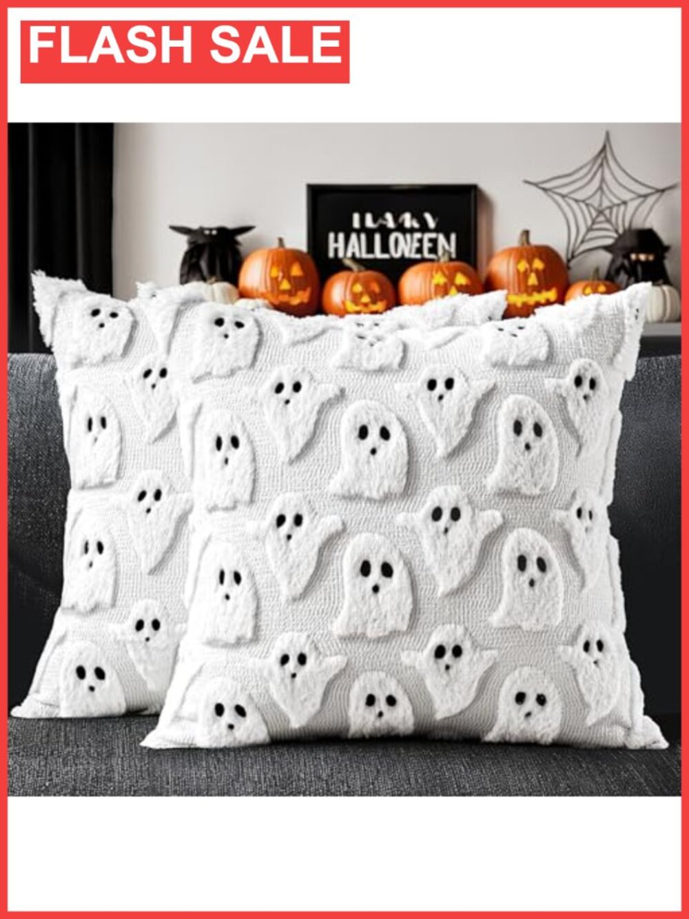 Faux Fur Throw Pillow Covers 18x18 Set of 2 with 3D Embroidered Ghost
